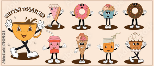 Groovy retro set with coffee mascot, funny colorful doodle style characters, cappuccino, cocoa, latte, espresso and americano, donut, ice cream. Vector illustration.