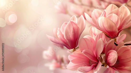 Pink magnolia branch with blooming pink flowers on a pastel pink background. Template for wedding invitation, gift certificate, holiday card or coupon. Copy space, spring banner © Irina Beloglazova