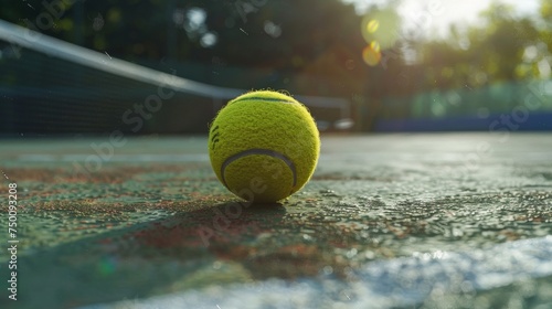tennis ball is floating on a tennis court with an overhead.  © supachai