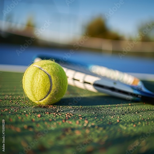 A tennis ball rolls on a tennis court with a tennis racket on top. 