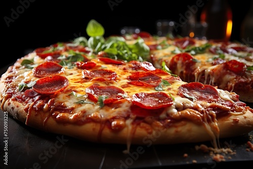 Pepperoni pizza on black clean background, delicious tasty pepperoni pizza on dark black table counter, copy space, top view, above, flat lay, banner, menu, pizzeria, restaurant