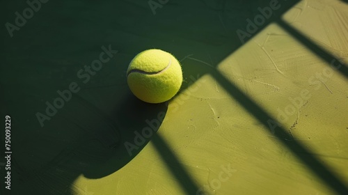 Tennis ball and racket on court amidst vibrant greenery, embodying sport, competition, and leisure photo