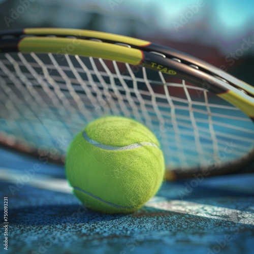 A tennis ball rolls on a tennis court with a tennis racket on top.  © supachai