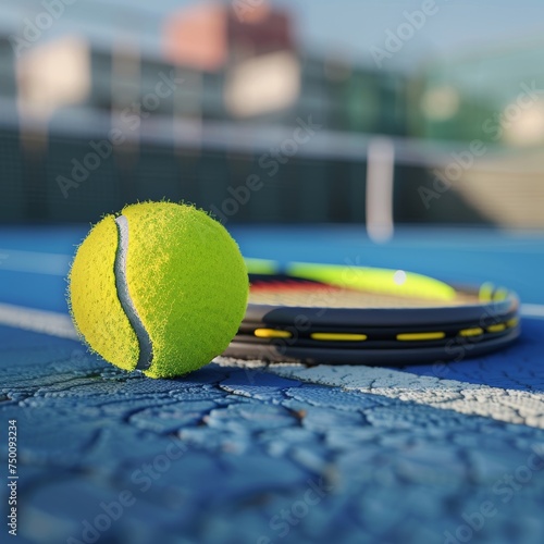A tennis ball rolls on a tennis court with a tennis racket on top. © supachai