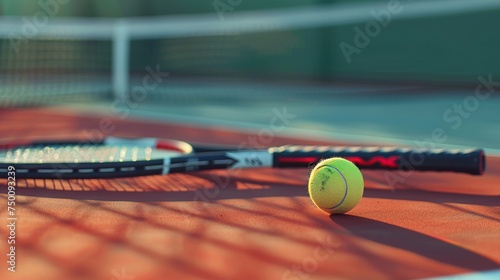 A tennis ball rolls on a tennis court with a tennis racket on top. photo