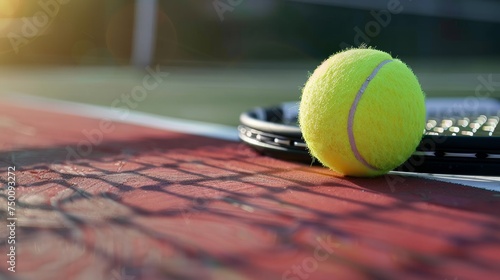 A tennis ball rolls on a tennis court with a tennis racket on top. 