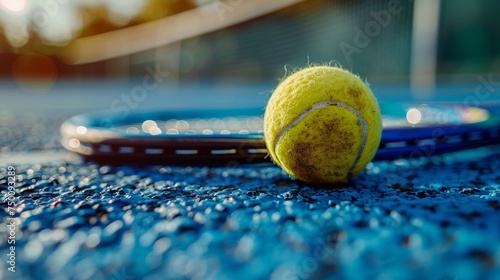 A tennis ball rolls on a tennis court with a tennis racket on top. © supachai