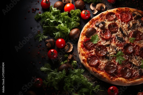 Pizza cooking food ingredients spices on black background, mushrooms, tomatoes, cheese, pepper,