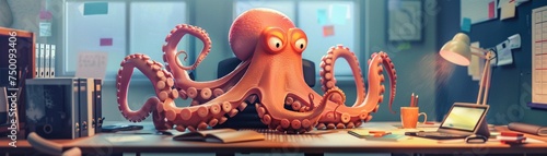 Dynamic office scene with a smiling octopus masterfully balancing a spectrum of tasks a beacon of multitasking prowess photo