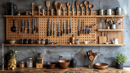 A wall-mounted pegboard showcasing a curated display of handcrafted kitchen utensils, adding functionality with a touch of rustic charm. photo