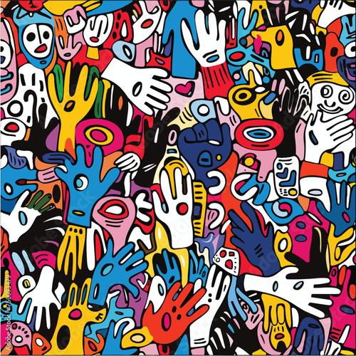 Abstract hand with face seamless pattern stroke for kids. Geometric hand drawn print, textile, wallpaper.vector illustration. © Phatharaporn