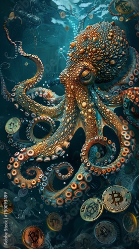 Wallpaper Mural In the depths of the digital sea an octopus trades Bitcoin its tentacles entwined around symbols of finance and technology Torontodigital.ca