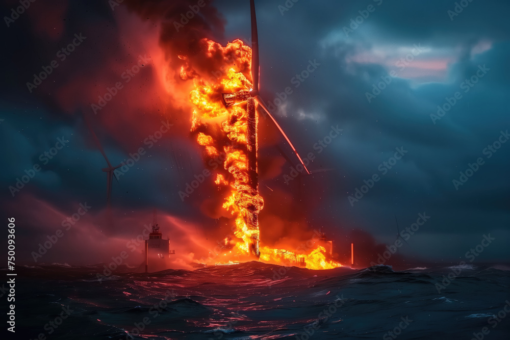 A wind turbine is engulfed in fierce flames against a stormy sea backdrop, illuminated by an ominous red and blue sky.