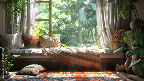 A window seat bathed in natural light, adorned with plush cushions and a handwoven blanket, offering a peaceful retreat for quiet contemplation.