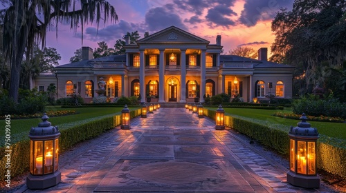 Twilight descends on a majestic Southern mansion, its walkway aglow with welcoming lanterns amidst lush gardens. photo