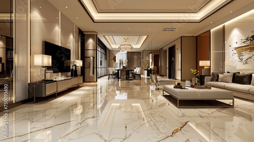 A spacious modern living room interior with elegant furniture  polished marble floors  and decorative lighting