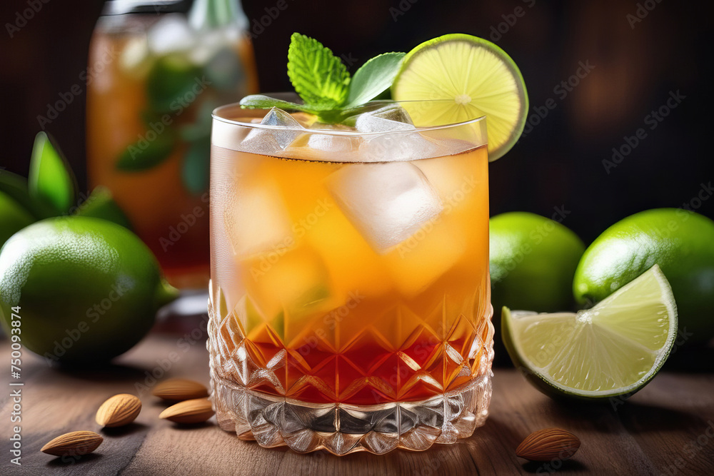 Fototapeta premium Mai Tai tropical cocktail with aged Jamaican Rum, fresh ingredients, Lime and Mint garnish cocktail Mai Tai with rum, orange liqueur, lime juice and Amaretto syrup. Сocktail card, cocktail menu