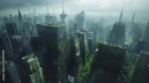 A visionary cityscape featuring skyscrapers enveloped in lush greenery, suggesting a sustainable, eco-friendly future.