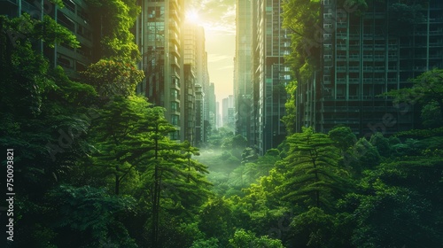 The sun peeks through an urban jungle where towering skyscrapers are intertwined with vibrant, lush greenery, showcasing a harmonious blend of nature and urban development.