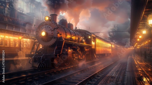 A vintage steam train ready to depart, casting a warm glow on the station platform under a twilight sky.