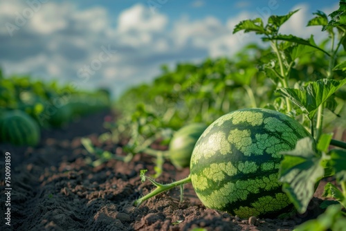A large field of watermelons stretches into the distance, with a dramatic cloudy sky, signaling a bountiful summer crop. Fresh watermelons in field on sunny day.