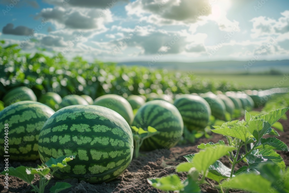 A large field of watermelons stretches into the distance, with a dramatic cloudy sky, signaling a bountiful summer crop. Fresh watermelons in field on sunny day. A large field of watermelons stretches into the distance, with a dramatic cloudy sky, signaling a bountiful summer crop. Fresh watermelons in field on sunny day.