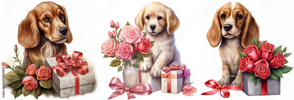 Watercolor dog clipart with gift and flowers - obrazy, fototapety, plakaty 