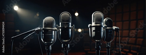  two chairs and microphones in podcast or interview room isolated on dark background as a wide banner for media conversations or podcast streamers concepts with copyspace