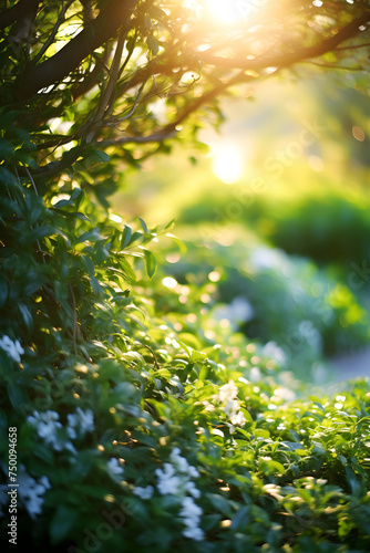 Exquisite Embrace of Wilderness: Dew-kissed Greenery in a Sun-dappled Lively Atmosphere