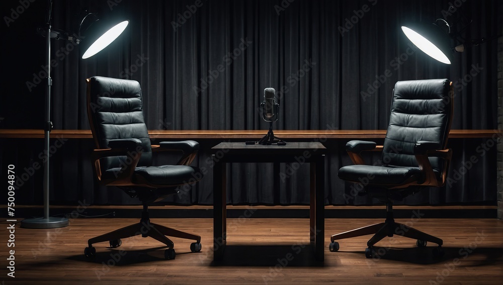 two chairs and microphones in podcast or interview room isolated on dark background as a wide banner for media conversations or podcast streamers concepts with copyspace two chairs and microphones in podcast or interview room isolated on dark background as a wide banner for media conversations or podcast streamers concepts with copyspace