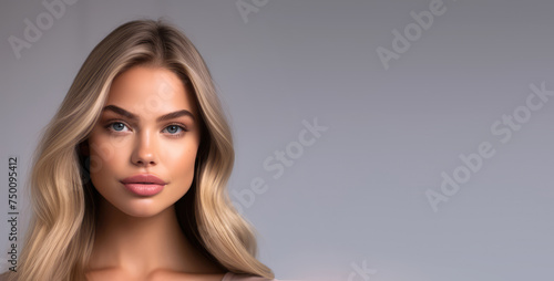 Portrait of beautiful woman on gray background. Copy space for text, advertising. Concept of beauty, anti aging, cosmetic, skin, care, make-up, cosmetics, plastic surgery