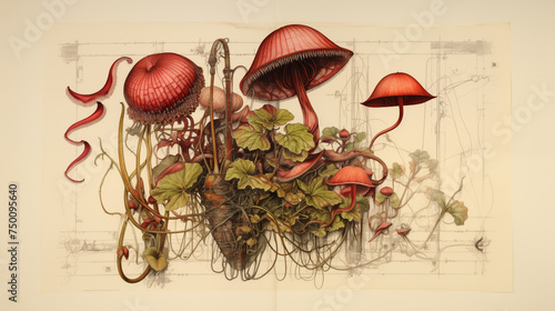 Architectural Botanica: Red Mushrooms and Technical Drawings