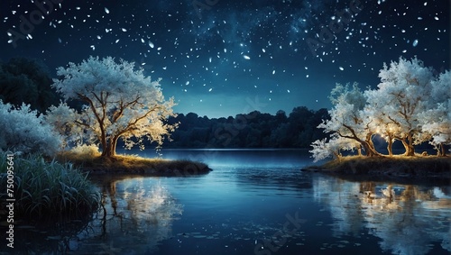 white trees of life or meditation relaxation concept with glowing golden fireflies in mystical fantasy abstract blue night sky showered by moonlight over river lake as wide banner