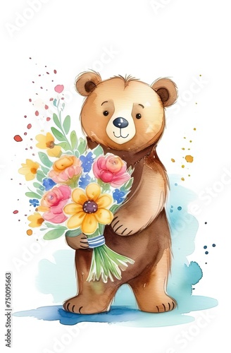 Teddy bear is holding bouquet of flowers isolated on pastel background. Concept of birthday and warmth, affection as teddy bear is symbol of love and comfort. Flowers add touch of beauty, color.