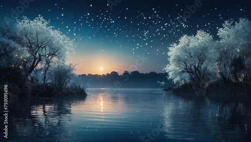 white trees of life or meditation relaxation concept with glowing golden fireflies in mystical fantasy abstract blue night sky showered by moonlight over river lake as wide banner