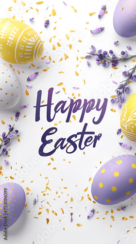 Happy Easter card concept with purple and yellow Easter eggs and spring flowers. Easter background with copy space. Flat layout