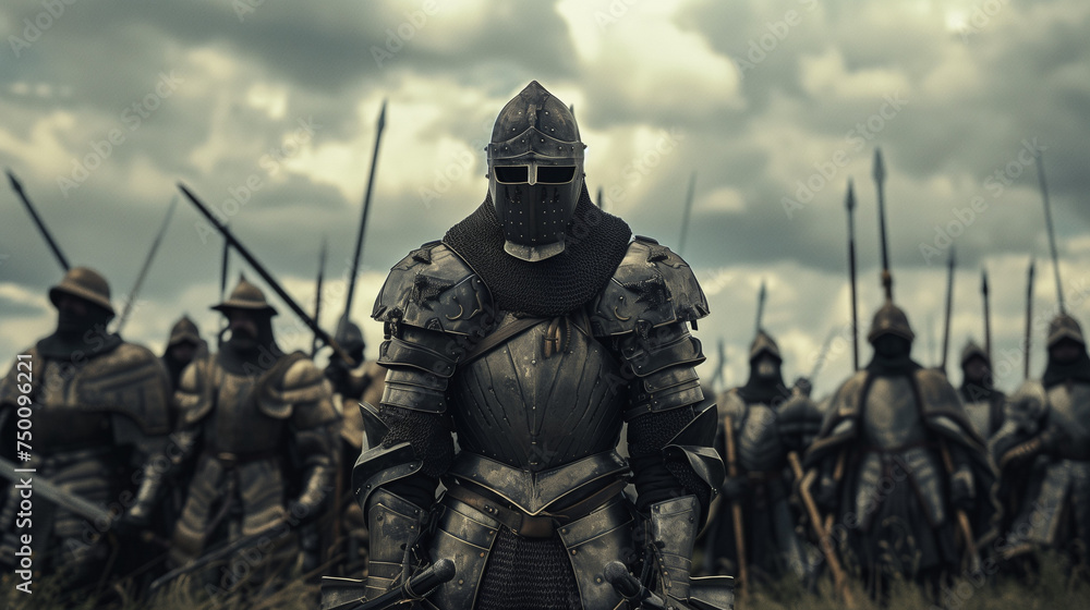 Medieval Knights in Full Armor with Helmets Ready to Battle Medieval Knights in Full Armor with Helmets Ready to Battle