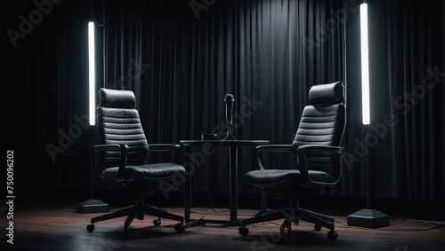 two chairs and microphones in podcast or interview room isolated on dark background as a wide banner for media conversations or podcast streamers concepts with copyspace