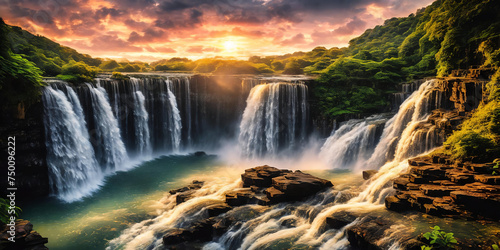 Fantasy landscape with waterfalls  panorama.