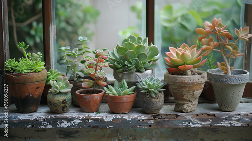 Potted succulents arranged on weathered windowsills, adding a touch of greenery to the minimalist decor.