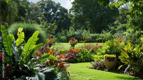 Fototapeta Naklejka Na Ścianę i Meble -  A scenic view of a lush tropical garden, with bright flowers and diverse plant life capturing the essence of a serene natural paradise