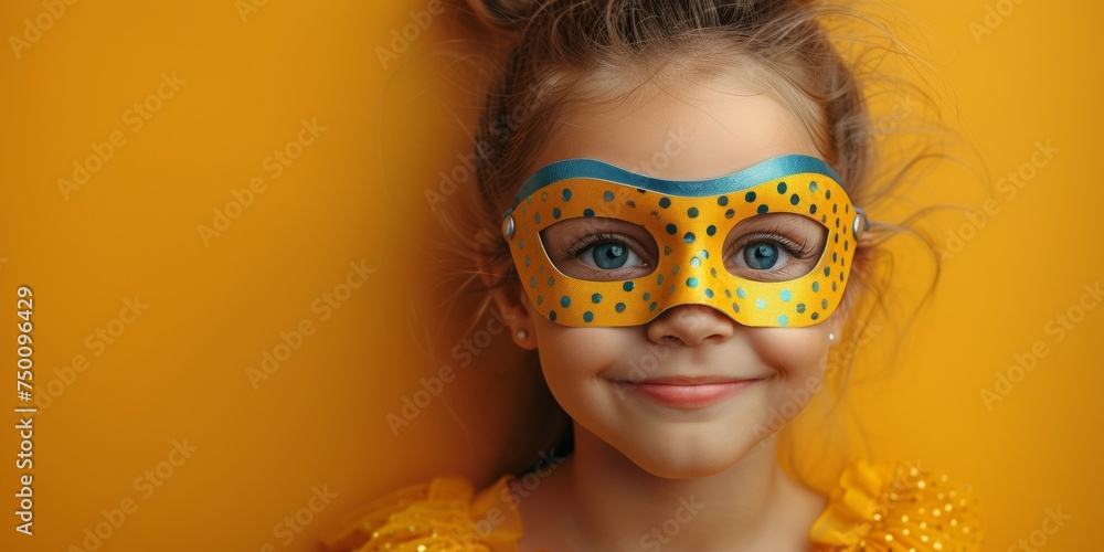 An adorable toddler at a carnival, wearing a colorful mask, showcasing artistic creativity and imagination.