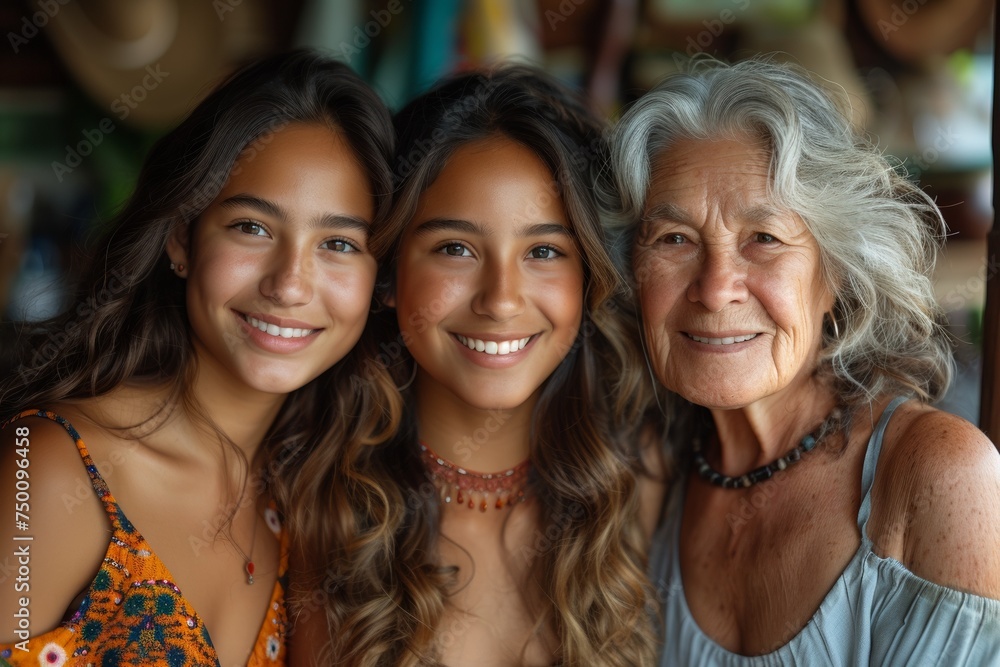 In a cheerful family moment, a grandmother lovingly hugs her daughter and granddaughter indoors. In a cheerful family moment, a grandmother lovingly hugs her daughter and granddaughter indoors.