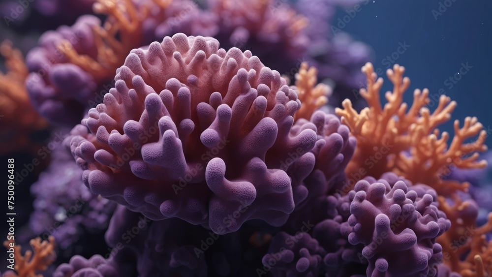 Fototapeta premium Macro close-up of minimalistic beautiful natural purple corals, 3d render illustration style. Wallpaper coral texture under water. Marine exotic abstract background.