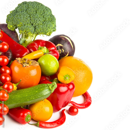 Set of vegetables and fruits isolated on a white. There is free space for text.
