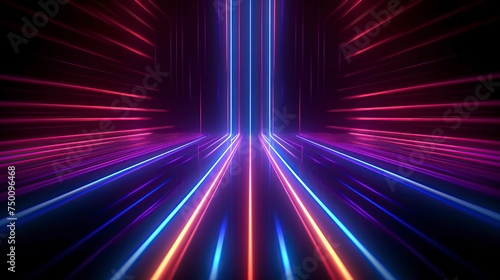 3d render, glowing lines, tunnel, neon lights, virtual reality, abstract background, square portal, arch, pink blue spectrum vibrant colors, laser show © fatin