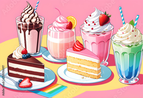 A delicious image that depicts cake slices  desserts and colorful milkshakes