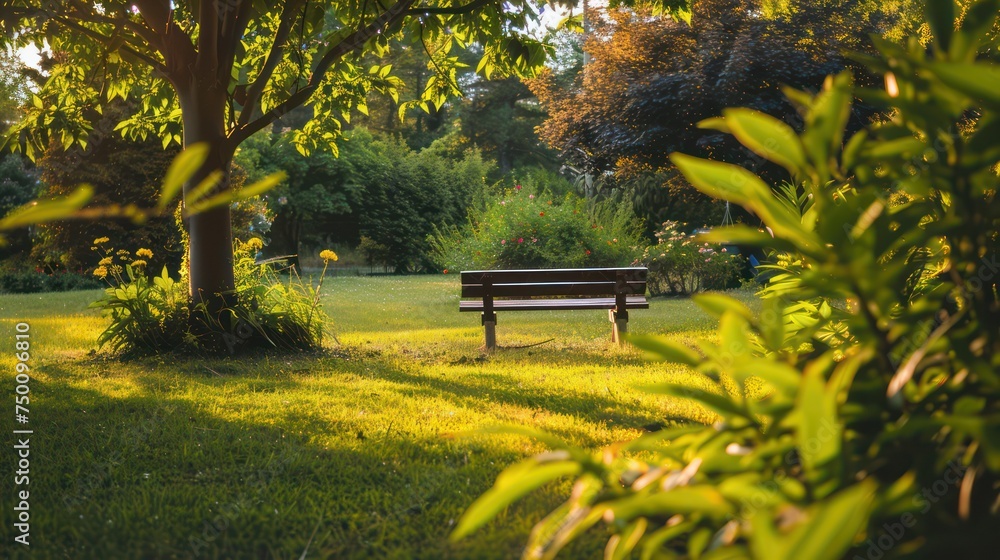 A serene image capturing a single park bench bathed in sunlight with lush greenery and trees in the background A serene image capturing a single park bench bathed in sunlight with lush greenery and trees in the background