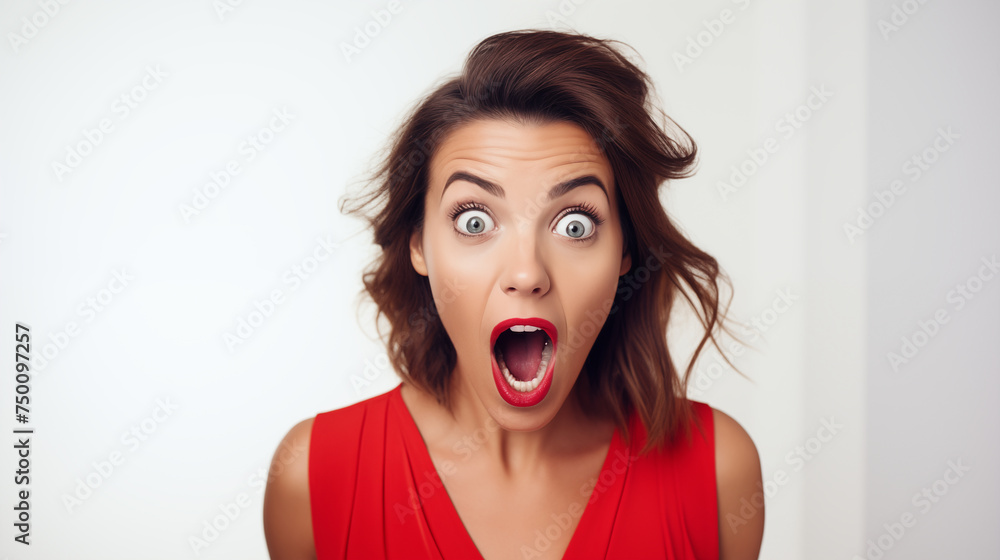 Une belle jeune femme surprise, étonnée, sur fond blanc, image avec espace pour texte.