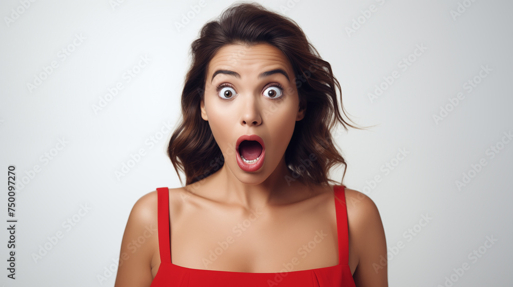Une belle jeune femme surprise, étonnée, sur fond blanc, image avec espace pour texte. Une belle jeune femme surprise, étonnée, sur fond blanc, image avec espace pour texte.